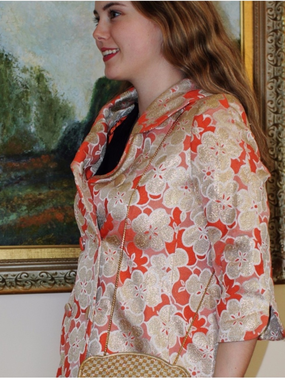 Y2K 🔥 2005 RUNWAY BANANA REPUBLIC CORAL FLORAL METALLIC JACQUARD TRENCH - Picture 12 of 16